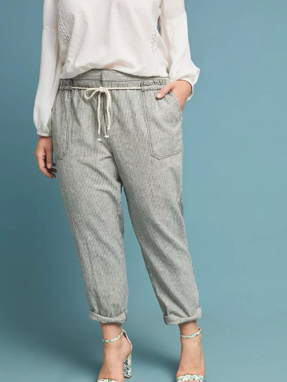 Anthropologie Seashore Striped Drawstring Pants - Sage Green & White